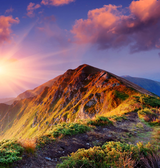 An amazingly beautiful sunset (or sunrise) shines on a mountain top which is rocky but has mosses, grasses and green shrubs surrounding.